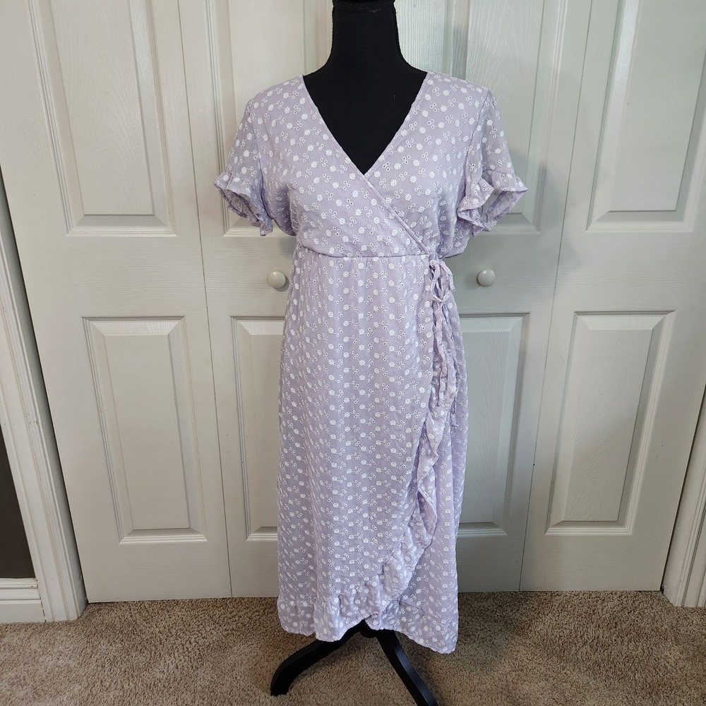 Lavender Floral Eyelet Faux Wrap Midi Dress Size LG Ruffle Sleeve Cottage Pastel